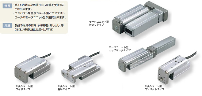 特徴 ・ガイド内蔵のため張り出し荷重を受けることができます。・コンパクトな全長ソート型とロングストロークのモータユニット型が選択出来ます。 用途 製品や治具の昇降、水平移動、押し出し、等(本体から張り出した取付が可能)