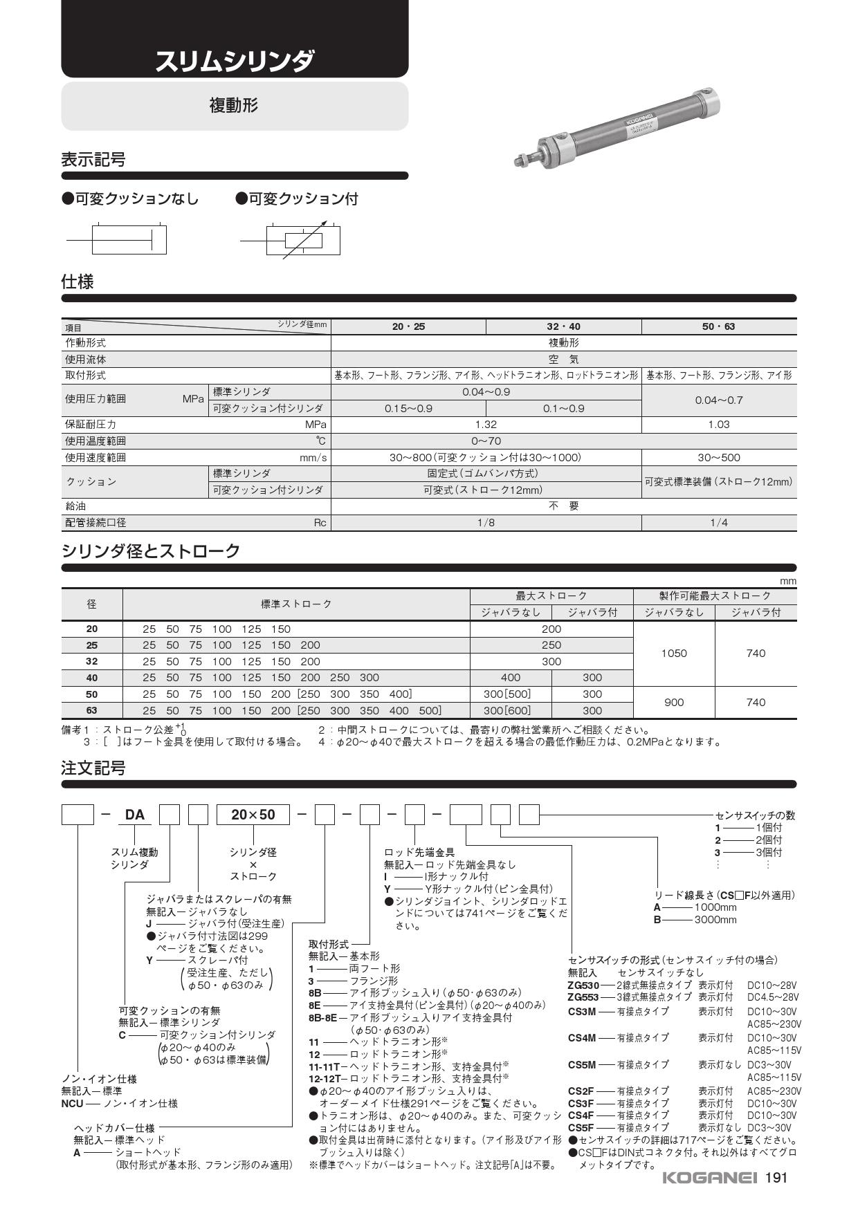 コガネイ スリムシリンダ DAK20X550-RL-Y-CS5MB1