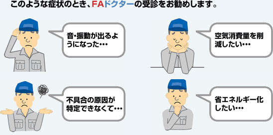 このような症状のとき、FAドクターの受診をお勧めします。音・振動が出るようになった… 空気消費量を削減したい… 不具合の原因が特定できなくて… 省エネルギー化したい…